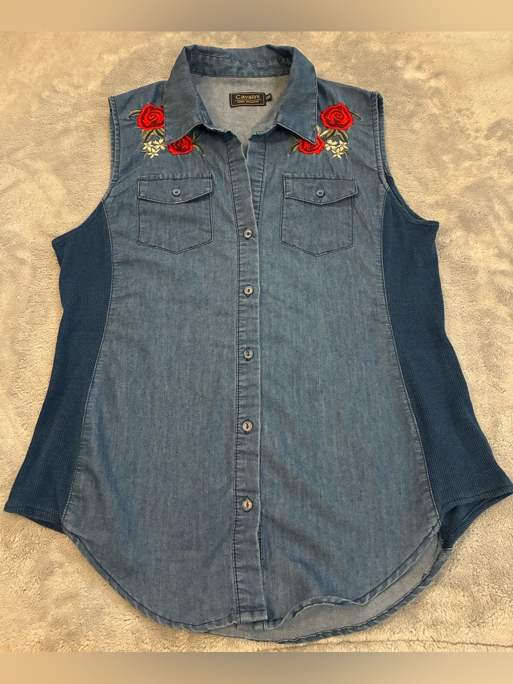Women’s Cavalini Denim Sleeveless Button-Down Shirt - Red Rose Embroidery Size M